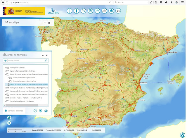 Mapa de España en el que figuran las Áreas de Riesgo Potencial Significativo de Inundación (ARPSIs), identificadas en cumplimiento de la Directiva 2007/60, sobre la evaluación y gestión de las inundaciones.