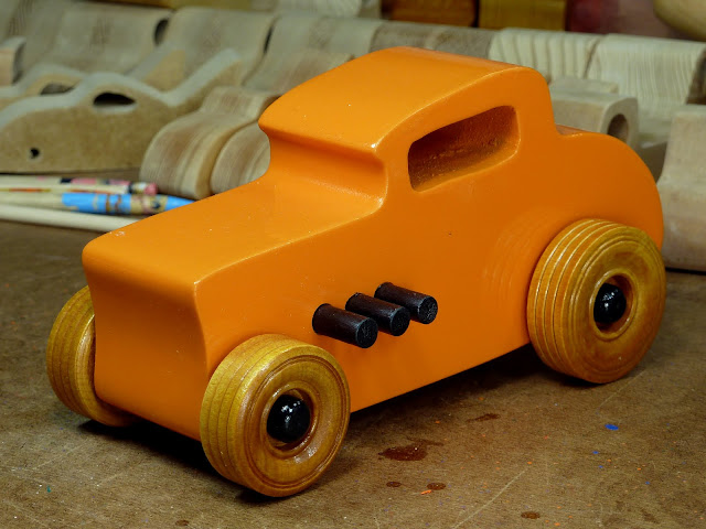 ￼ Wooden Toy Car - Hot Rod Freaky Ford - 32 Deuce Coupe - Orange & Black