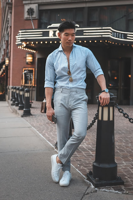 Work to Weekend Style wearing Eton Shirts, Common Projects, and Yellow Ray-Ban