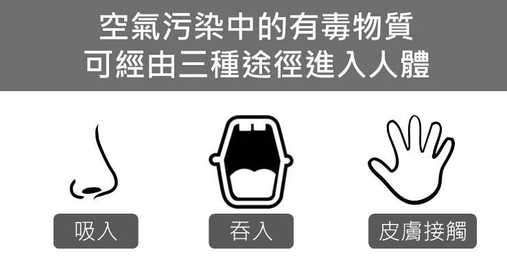 空氣污染中的有毒物質,可以由三種途徑進入人體:鼻子吸入、嘴巴吞入、皮膚接觸。