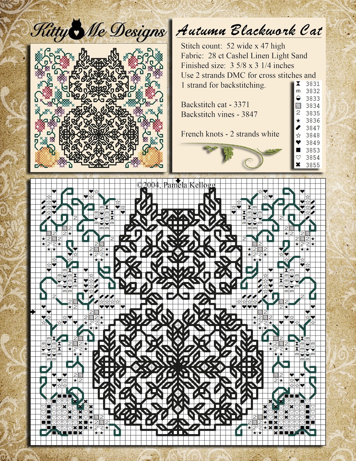 Kitty And Me Designs Autumn Blackwork Cat Free Cross Stitch Design