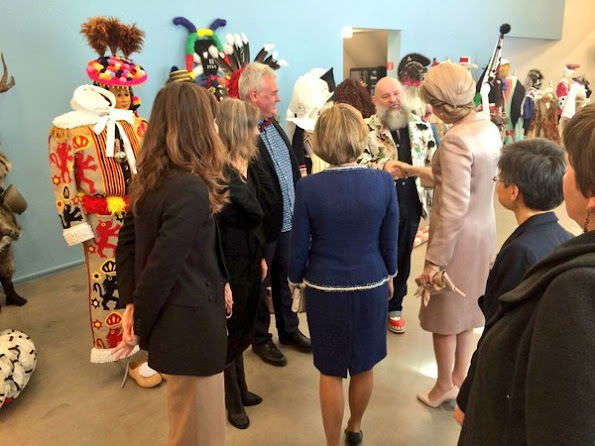 Queen Mathilde of Belgium and Daniela Schadt, partner of German President meet students of the Antwerp Fashion Academy during a visit to the MoMu fashion museum