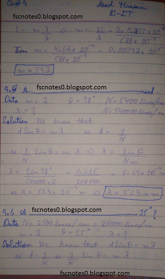 F.Sc ICS Notes: Physics XI: Chapter 9 Physical Optics Numerical Problems