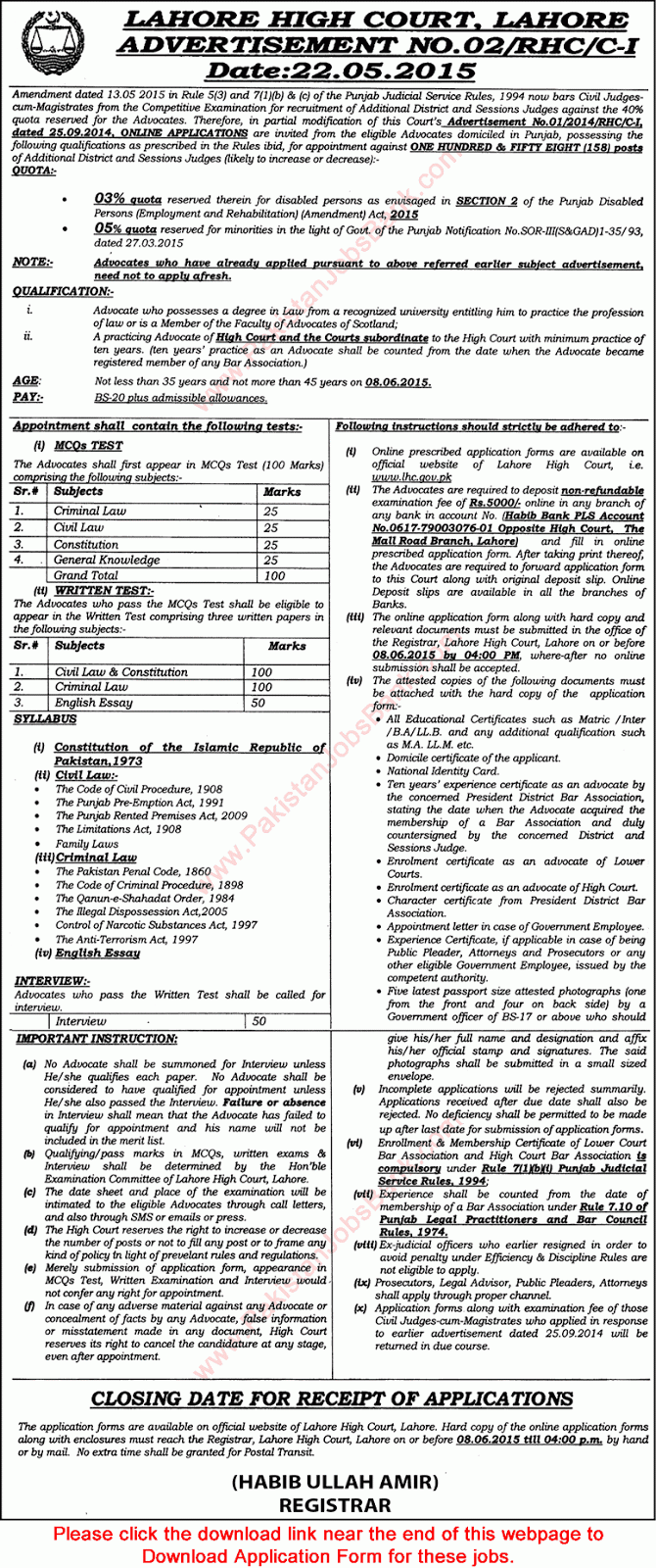 Additional District & Sessions Judges Recruitment 2015