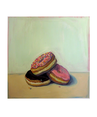 Gouache painting of three doughnuts, sprinkles, chocolate glaze, and strawberry glaze