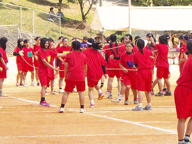 high school girls, jump ropes, red uniforms