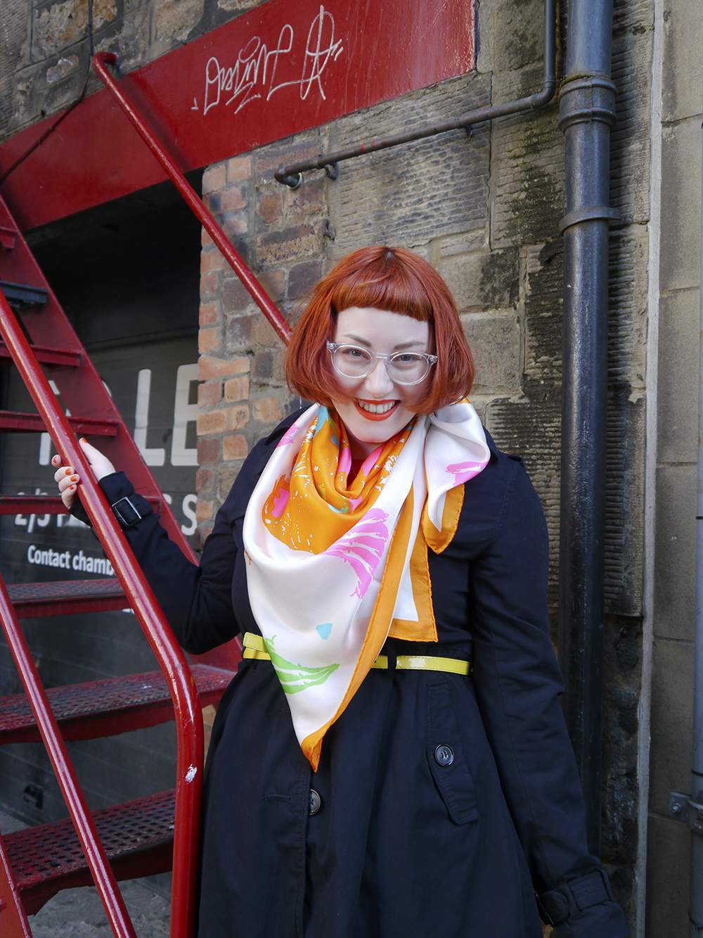 Charcot, MS Awareness Week, MS inspired jewellery, Scottish Blogger, red head, red bob, micro frine, ginger hair, Scottish Street Style, Scottish designer, skull necklace, neon necklaces, neon jewellery, colourful scarf, silk scarf, Sun Jellies, Taisir Gibreel, Iolla, seewithiolla, charity shop, Edinburgh street style, colourful outfit, summer style, bright outfit