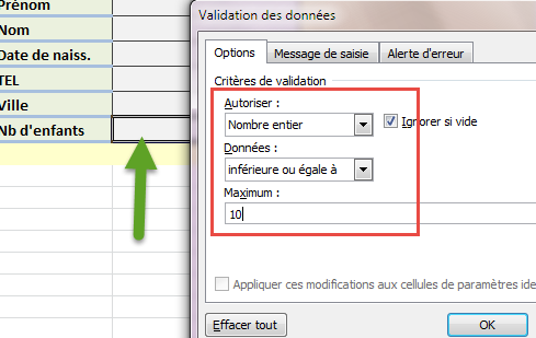 validation des données nombre entier