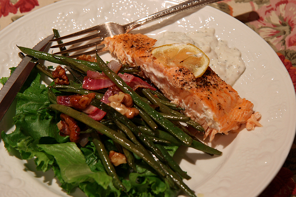 Bruce's Kitchen Roasted Salmon with Horseradish, Greek Yogurt, Dill Sauce