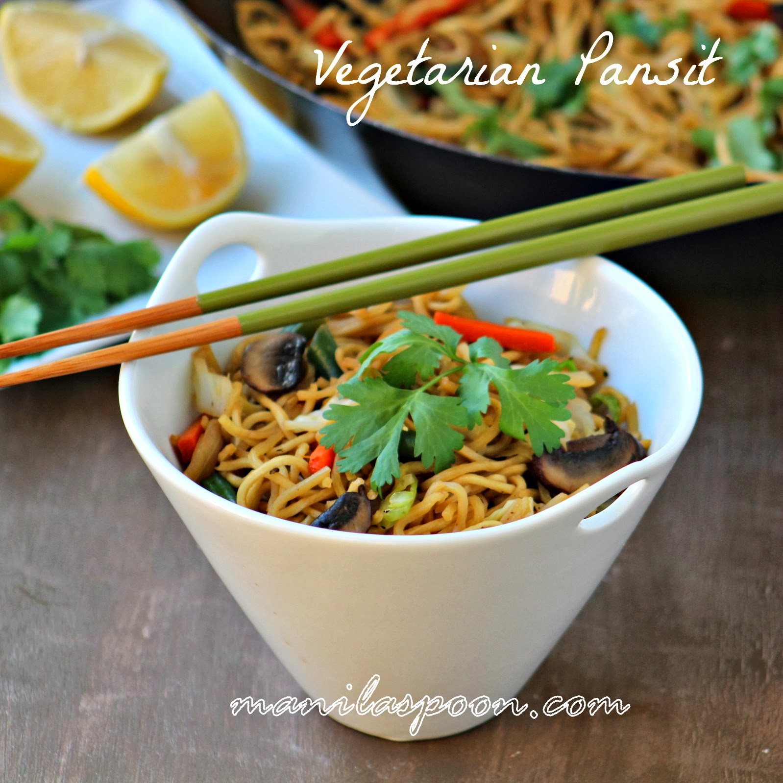 Quick, easy and tasty vegetarian version of the Filipino noodle stir-fry Pansit! You won't miss the meat!!