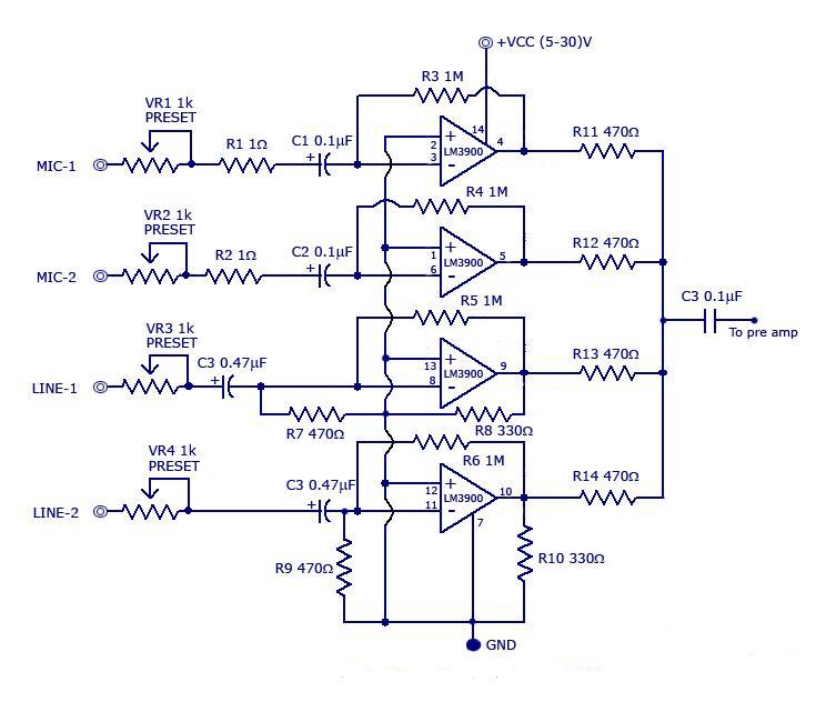 10 Channel Audio Mixer Circuit Diagram