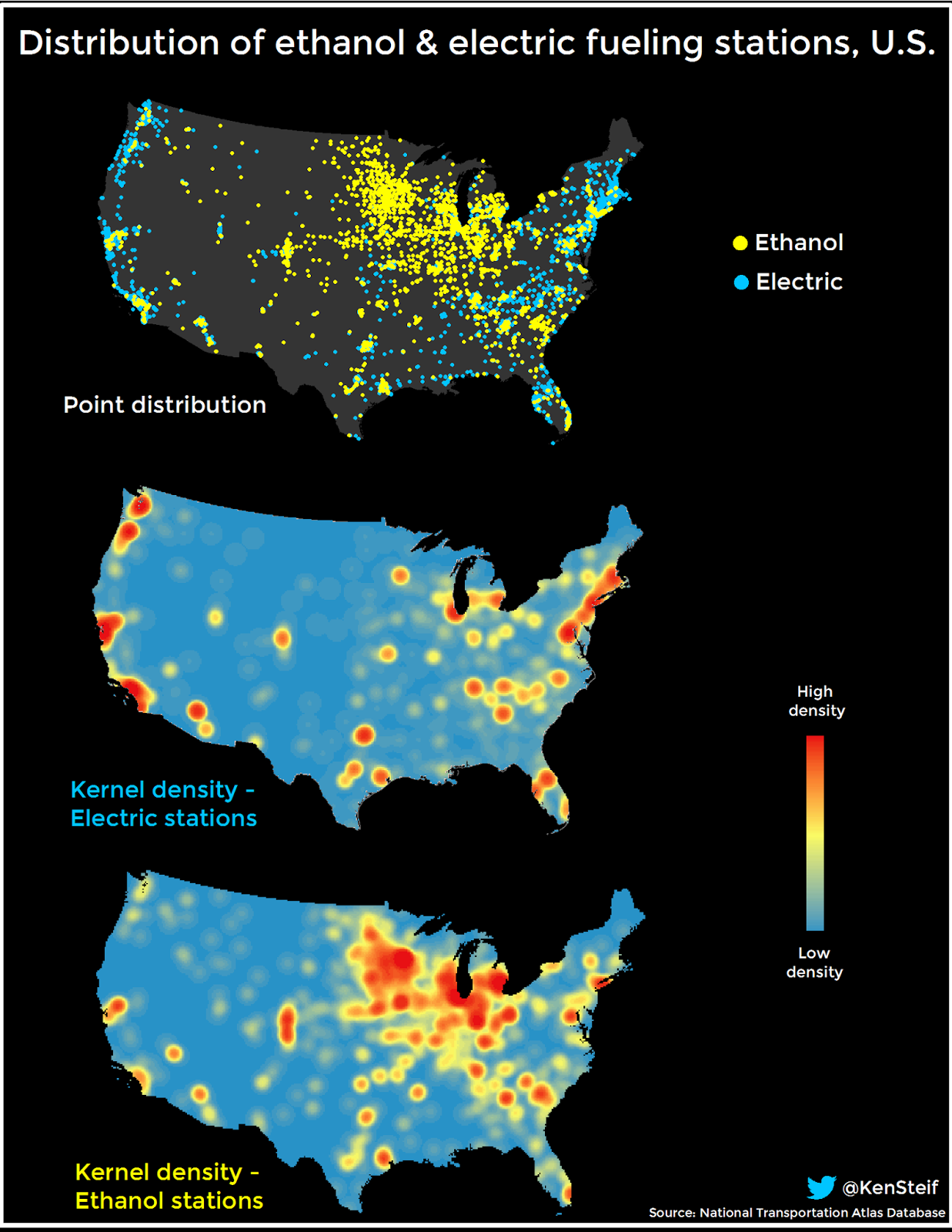 Distribution of electric and ethanol fuel stations in the United States