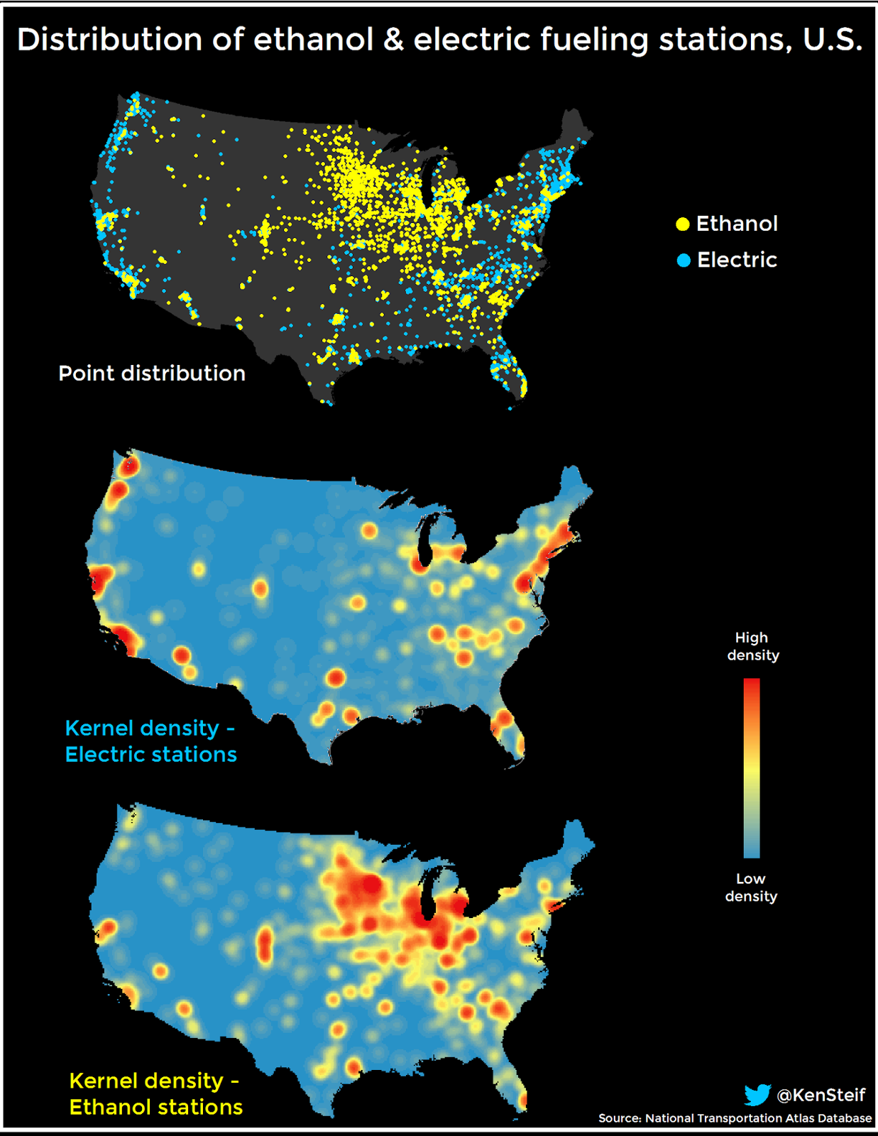 Distribution of ethanol and electric fuel stations in the United States