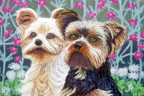 Close-up of  Mount Vision Pastels.   The brilliant pinks & crisp greens are Mount Vision as well as some of the tonal textures & shades in the dogs, etc.