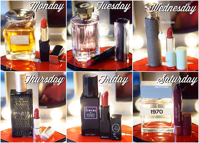 Perfumes from Terry de Gunzberg, L'Artisan Perfumer, Caron, Alaia, Robert Piguet, Bella Freud.  Lipsticks from Estee Lauder, Givenchy, Pixibeauty, ByTerry, Art Deco and Revlon