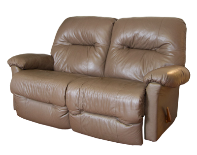 A double-reclining loveseat in beige leathe.