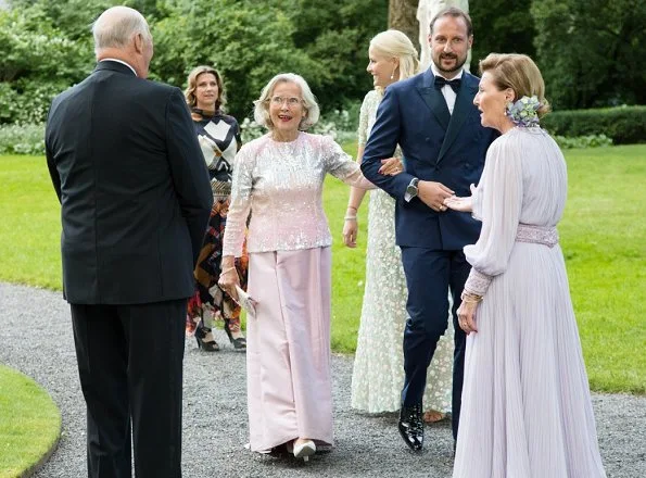 Crown Princess Mette-Marit wore Sandra Mansour Hand Embroidered Dress.Prince Haakon, Princess Märtha Louise and Princess Astrid, Mrs Ferner
