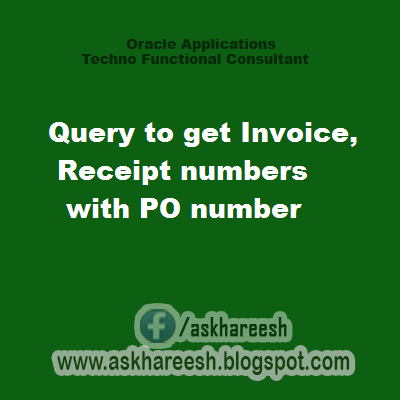 Query to get Invoice,Receipt numbers with PO number, askhareesh blog for Oracle Applications
