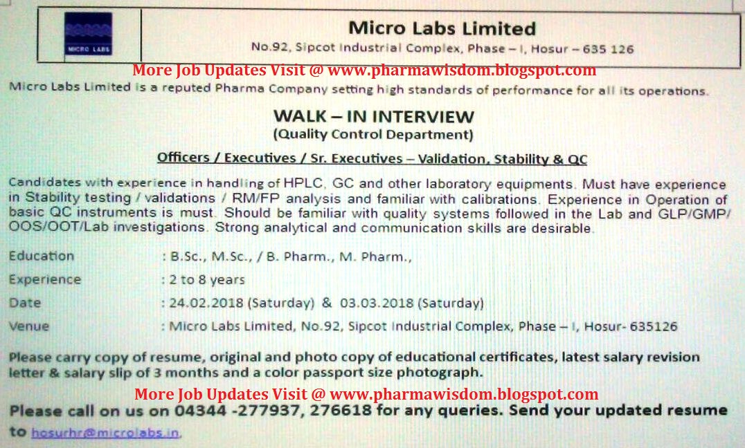 PHARMA WISDOM Micro Labs Limited WalkIn Interviews on 24th Feb