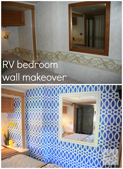 Before and After RV master bedroom wall transformed with wallpaper :: OrganizingMadeFun.com Before and After RV master bedroom wall transformed with wallpaper :: OrganizingMadeFun.com