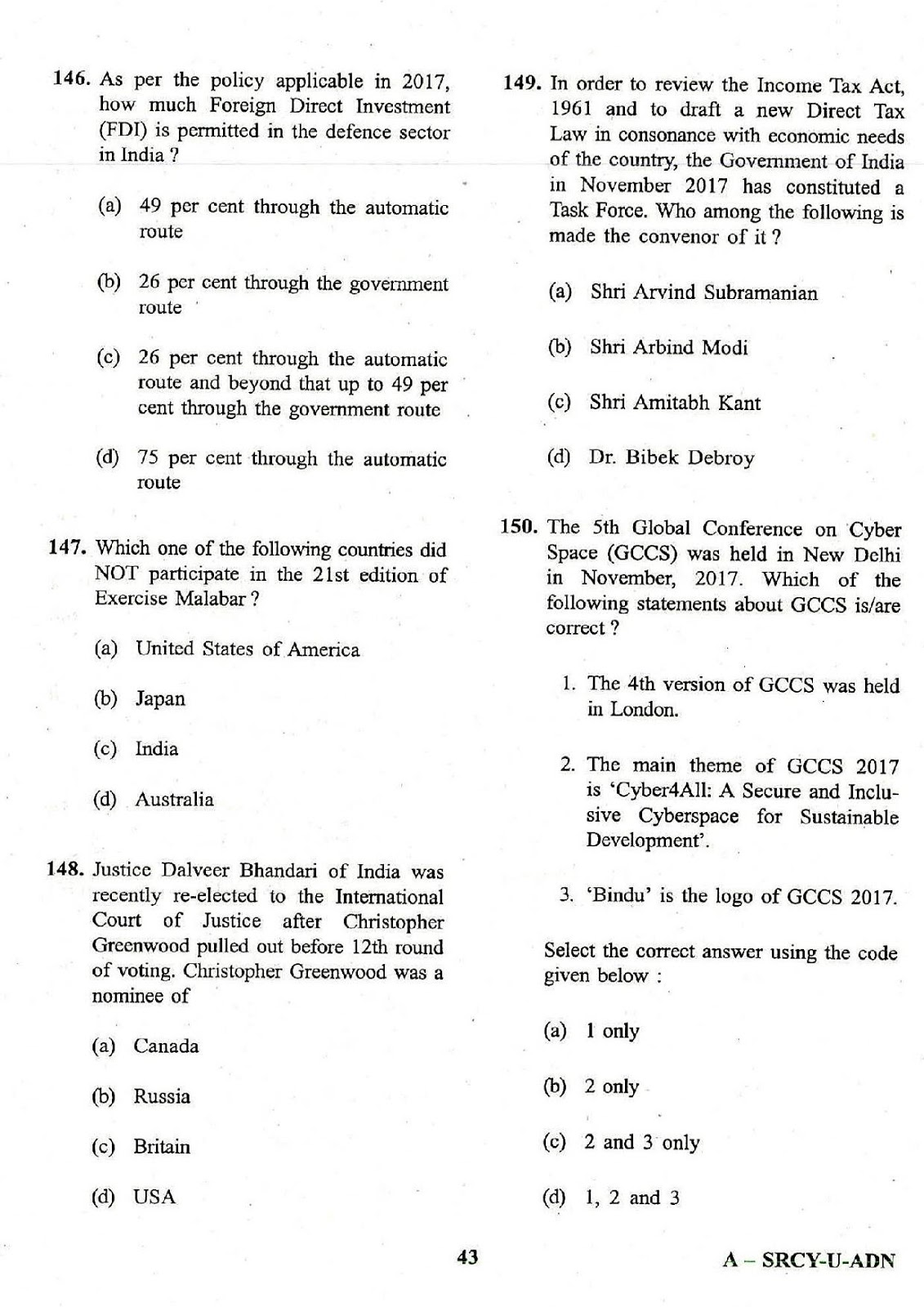 NDA 1 General Ability Test 2017-2018 question paper NDA 1 2018 General Ability Test question paper