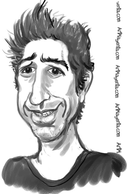 David Schwimmer caricature cartoon. Portrait drawing by caricaturist Artmagenta.