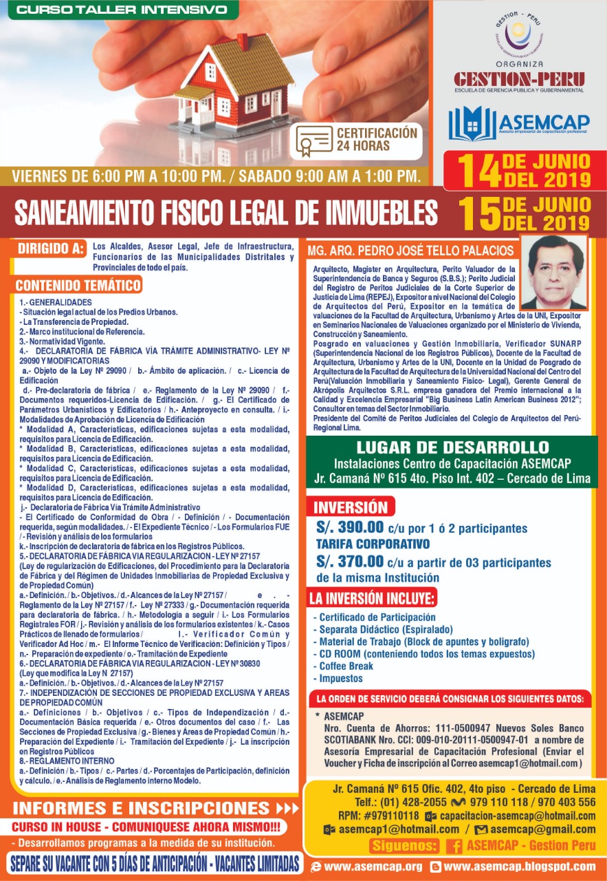 CURSO DE SANEAMIENTO FÍSICO LEGAL DE INMUEBLES 14 Y 15 DE JUNIO 2019