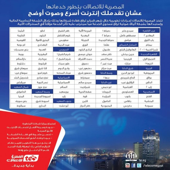 المصرية للأتصالات .. تنشر اسماء المناطق التى سيفصل عنها الانترنت هذا الشهر Free