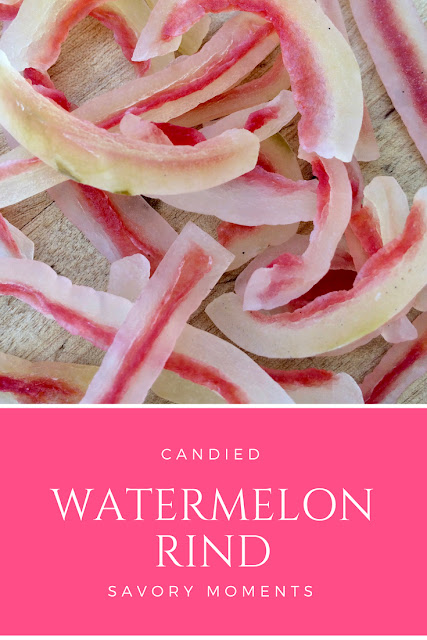Finished strips of candied watermelon rinds.