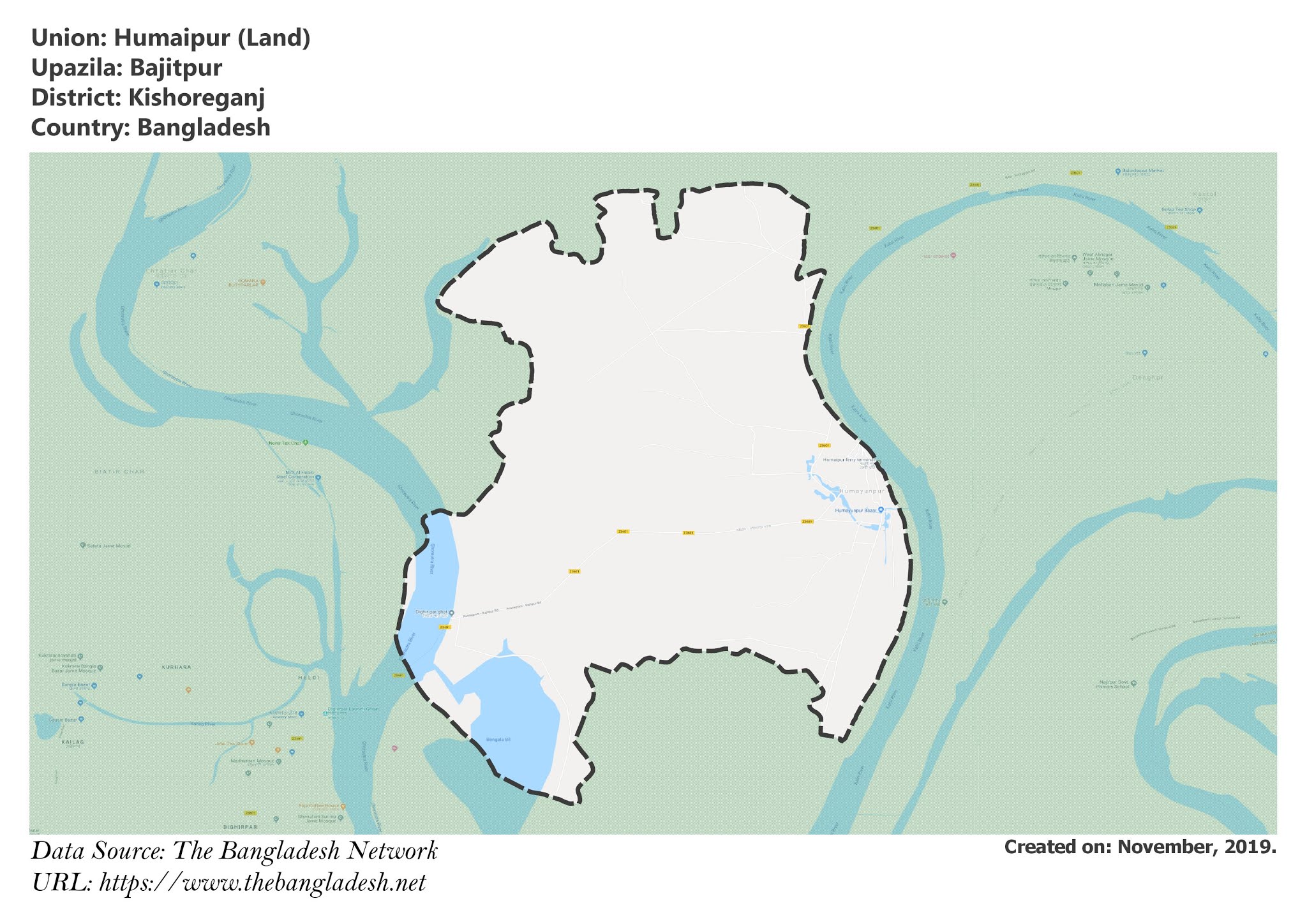 Map of Humaipur of Kishoreganj, Bangladesh.