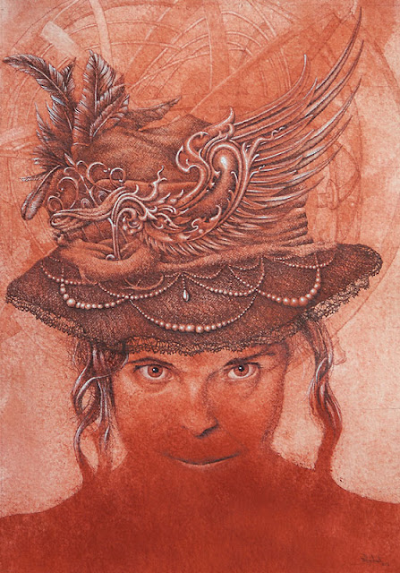 "A Hat that Stirred Her to the Top of Rapture" : Red chalk, ink, sepia ink & dry pigment on handmade Khadi paper : 70cm x 50 cm : Copyright © 2013 by Martin Herbert