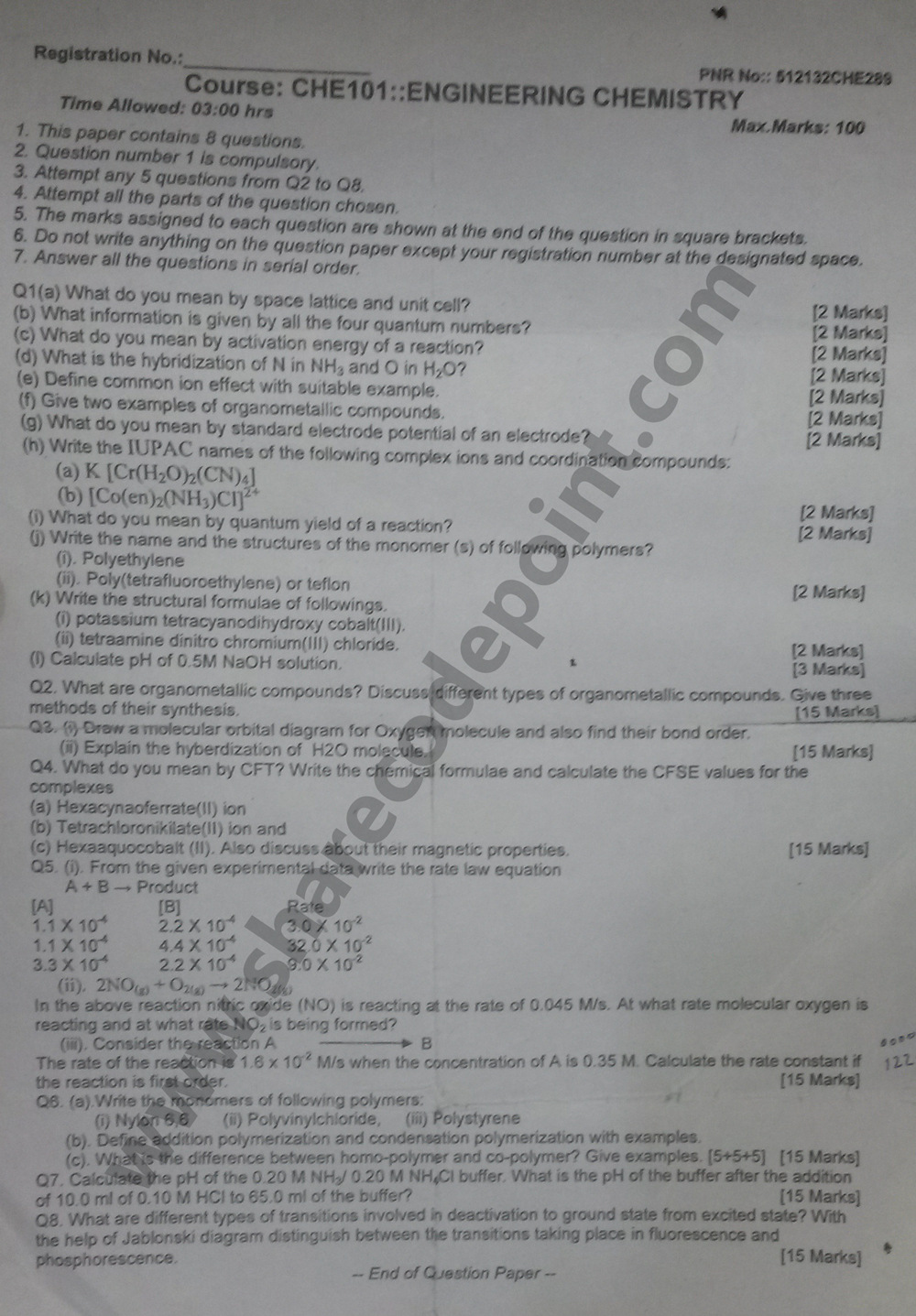 CHE101 Engineering Chemistry End Term Exam Question Paper lpu