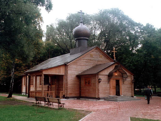 Wooden church and benches, Kaliningrad, Kaliningrad Oblast, Russia