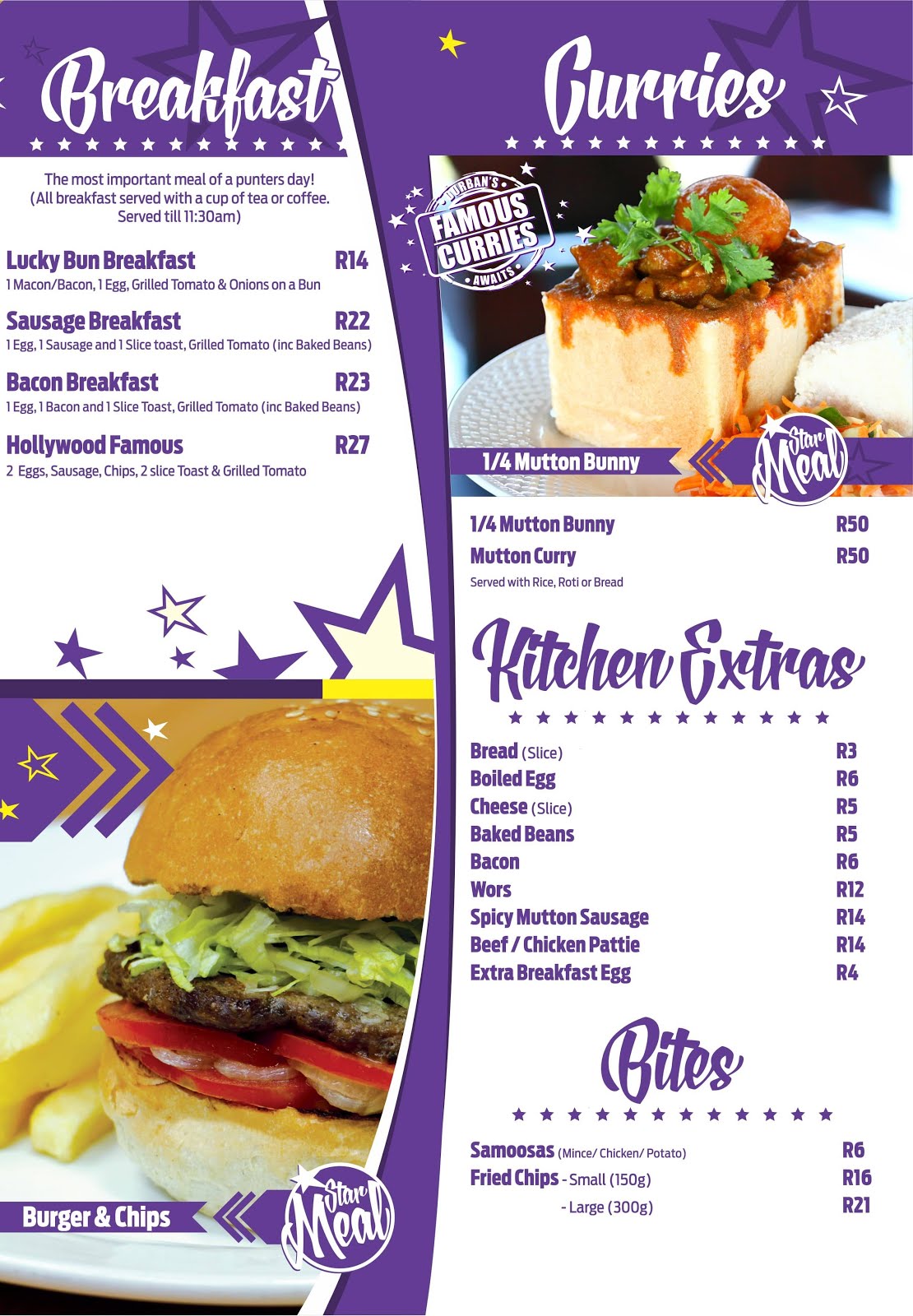 Hollywoodbets Newton Park Menu Hollywoodbets Newton Park Menu - Breakfast, Curries, Bunny Chows, Kitchen Extras, Bites