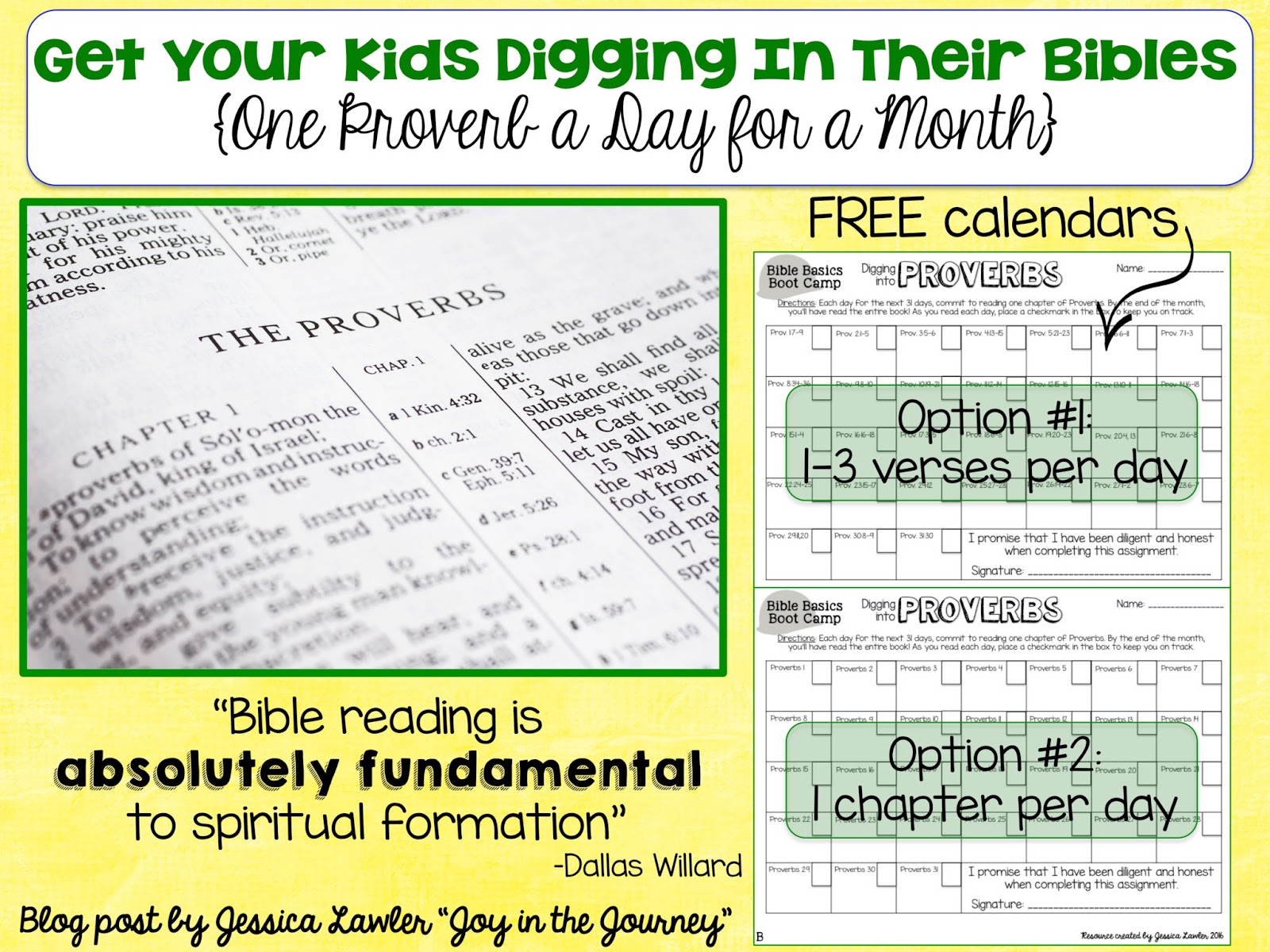 Get your kids digging in their Bibles - FREE reading calendars to read through Proverbs in a month. Blog post includes calendar options for both younger and older kids. Resource created by Jessica Lawler, "Joy in the Journey"