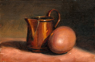Oil painting of a small copper jug beside a brown hen's egg.