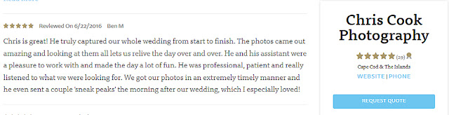 Cape Cod wedding blog photo from Chris Cook Photography about New five star review on The Knot!