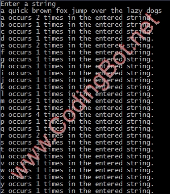 find occurrences string character number program output