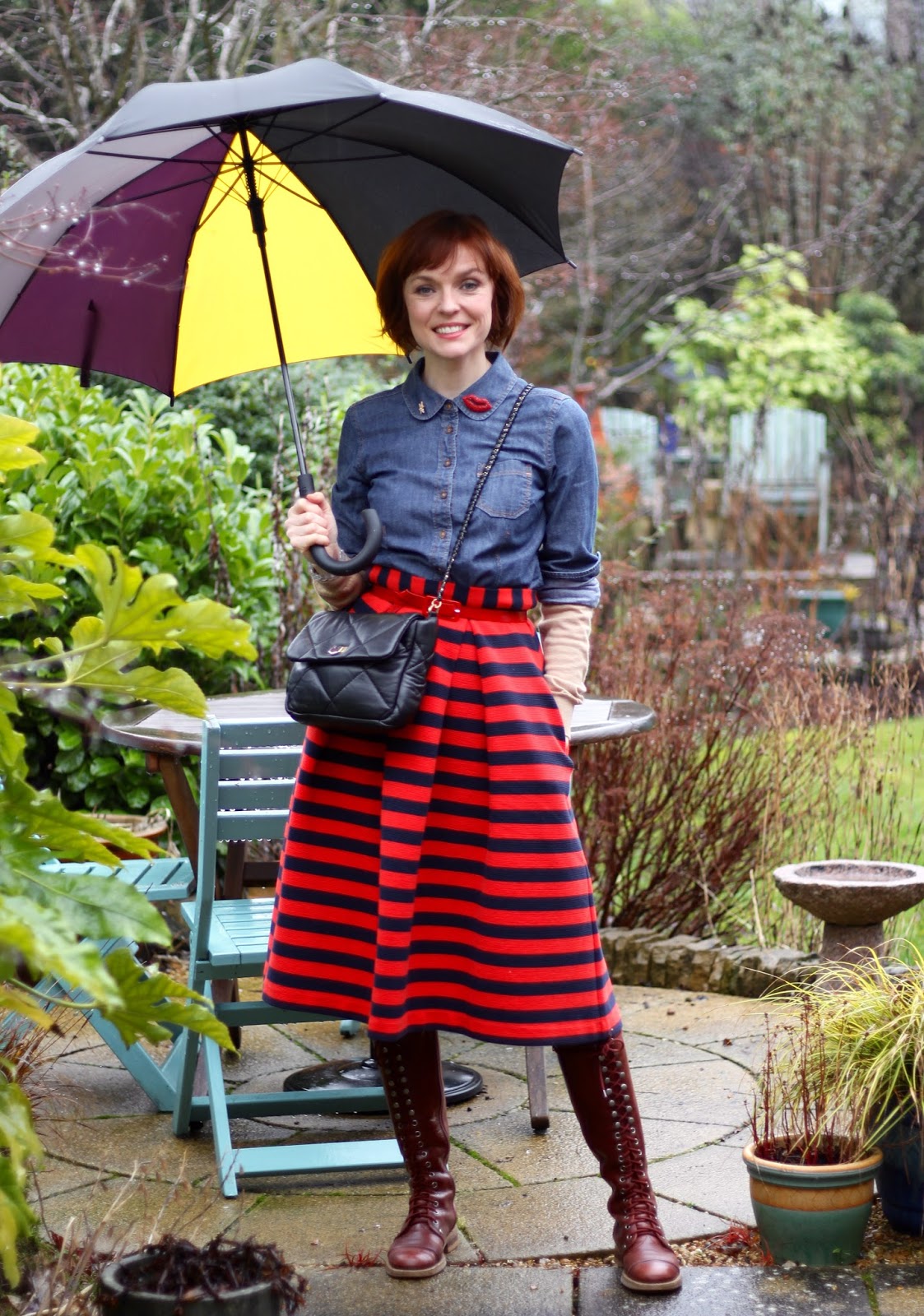 Striped Midi Skirt, Burgandy Knee Boots & Denim Shirt, over 40 | Fake Fabulous
