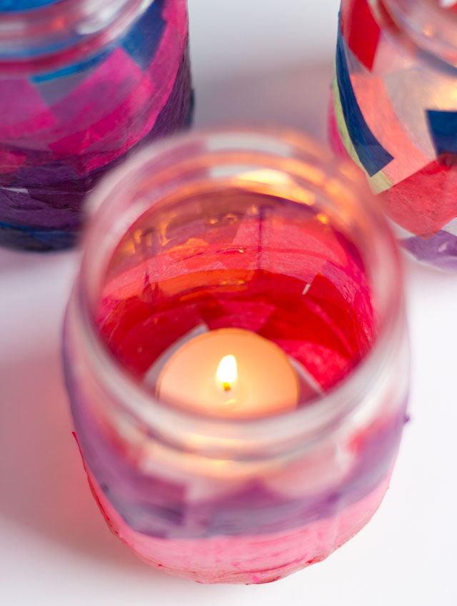 The easiest summer lanterns! Add tissue paper to the outside of mason jars. A fun kids craft too! The easiest summer lanterns! Add tissue paper to the outside of mason jars. A fun kids craft too!