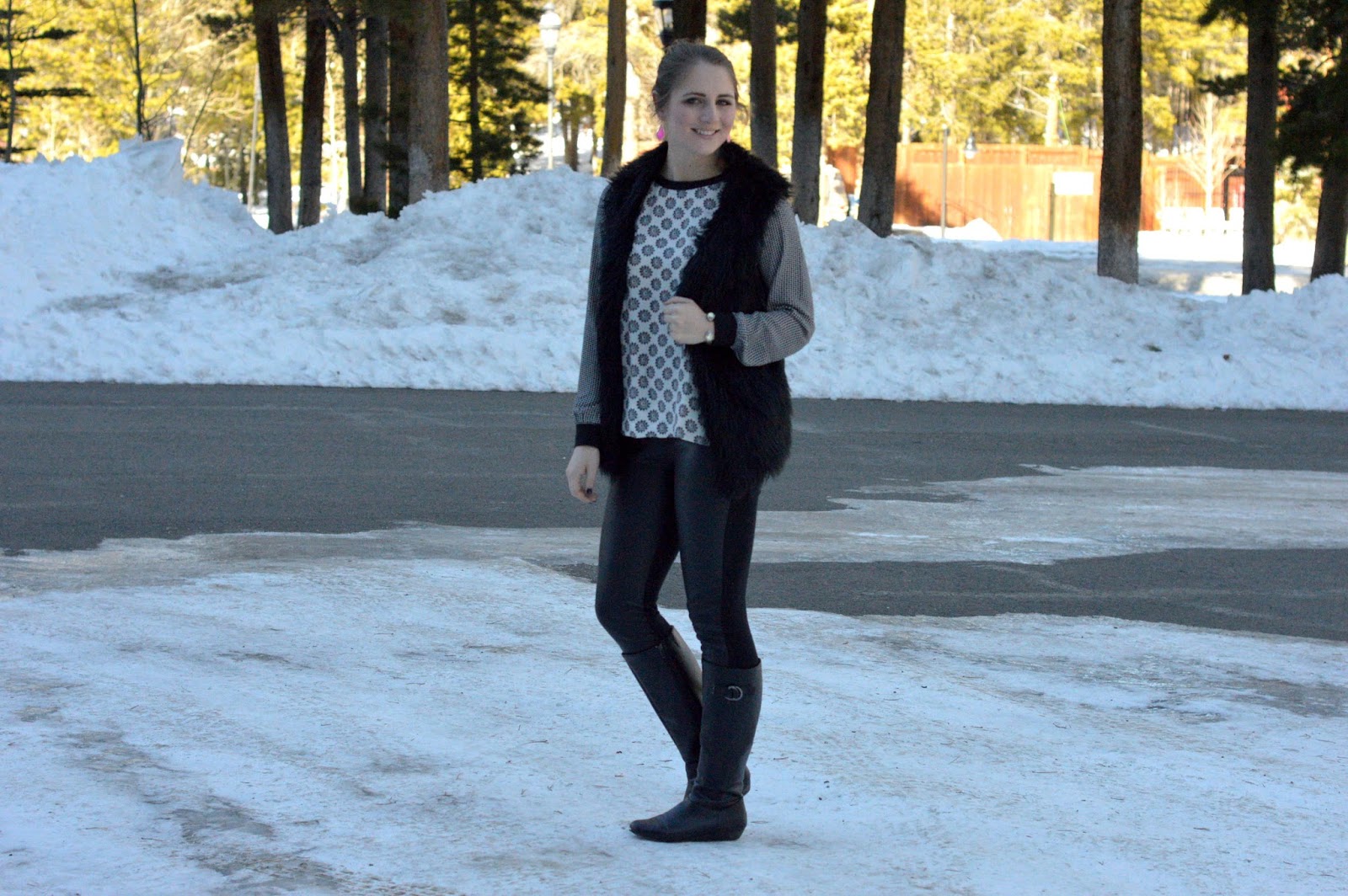 what to wear with a black faux fur vest