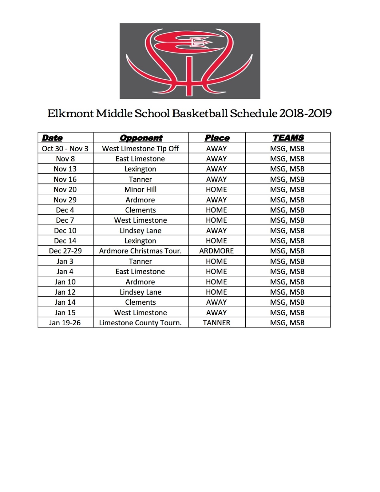ELKMONT BASKETBALL MIDDLE SCHOOL