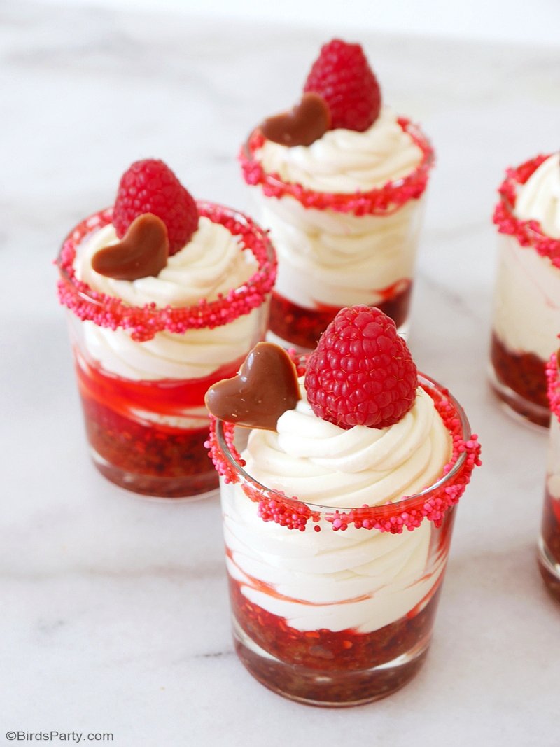 No-Bake Raspberry Cheesecake Parfaits Recipe - quick, delicious and easy desserts to make for your Valentine's Galentine's Day party! by BirdsParty.com @birdsparty #recipe #recipes #nobakerecipe #nobake #parfaits #valentinesdaydessert #dessert #easydessert
