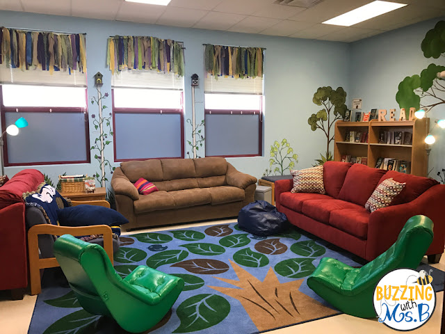 Comfy seating and cozy decor in our reading garden.
