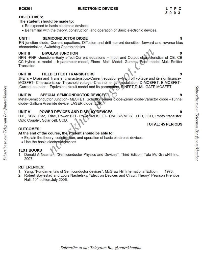 ec6201 electronic devices syllabus semester ii ece be anna