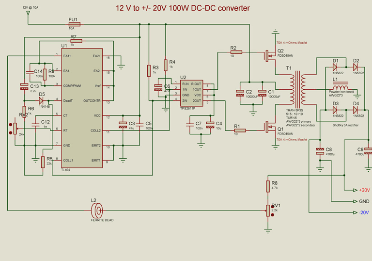 12V to +/- 20V DC Converter - Electronic Circuit