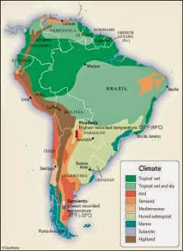 Climate map of Latin America showing South America climate zones.