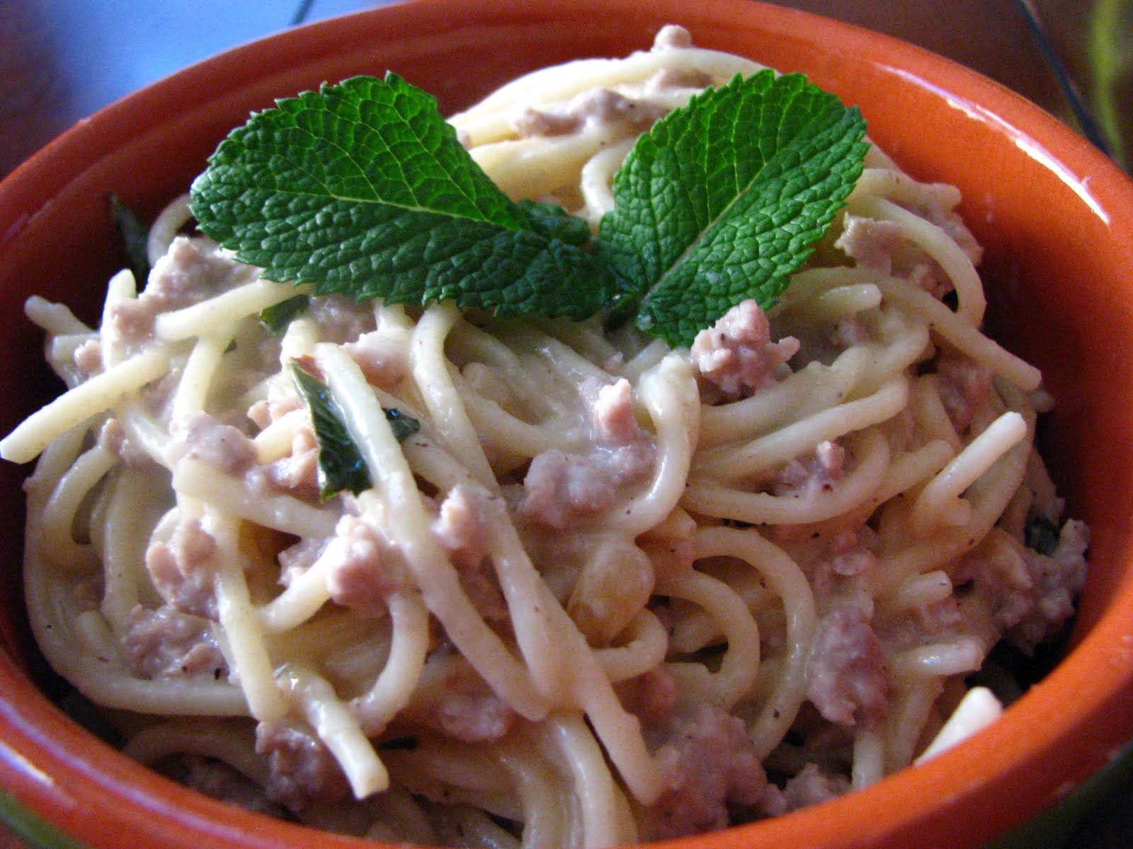 I, too, am here Spaghetti with Ground Lamb, Yogurt, and Mint