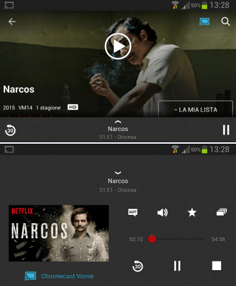 Controlli riproduzione Netflix trasmesso a TV da cellulare tablet con Chromecast