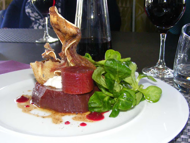 Beetroot and pigs ear starter at Chez Madeleine restaurant, Cour Cheverny. Loir et Cher. France. Photographed by Susan Walter. Tour the Loire Valley with a classic car and a private guide.